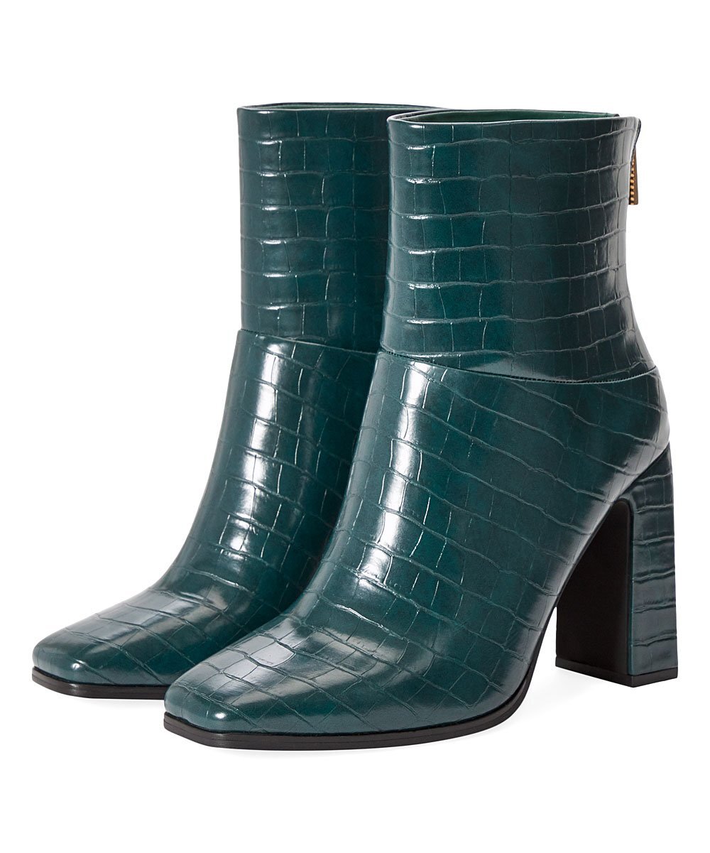 JustFab Green Croc-Embossed Inesa Block Heel Ankle Boots